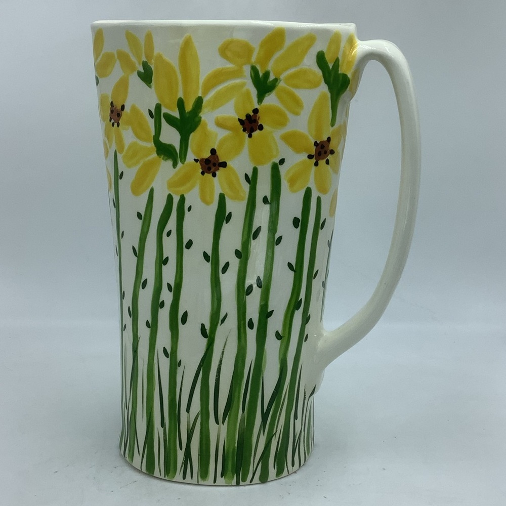 Handmade Pottery Pitcher/Vase with Long Stem Yellow Flowers